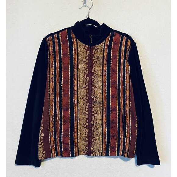 Coldwater Creek Jacket Womens Large Black Velour Striped Tapestry Zip Up Boho - Picture 1 of 5